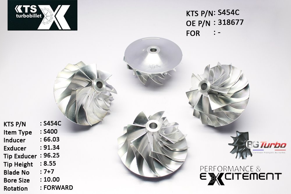 Turbo ROUE FORGÉE MFS PERFORMANCE - 7+7 PALES - INDUCER : 66,03 - EXDUCER : 91,35 - TYPE : S400ANGLE : 50° - ROTATION : Forward - SUPER BACK : 7,63 - BORE SIZE : 10
